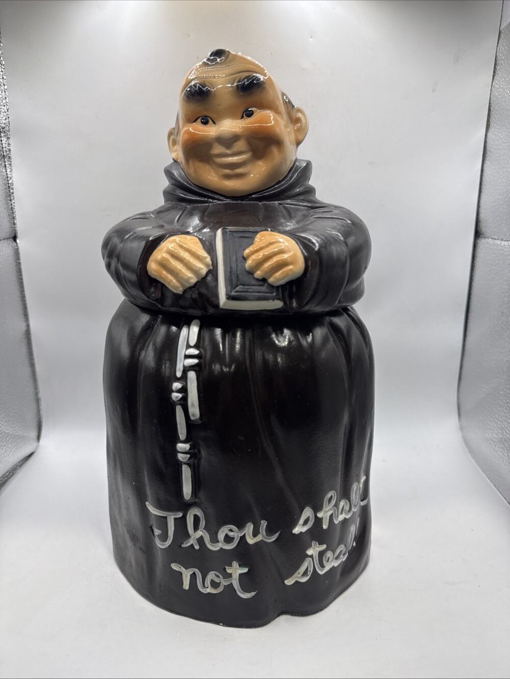 Monk Figural Ceramic Cookie Jar Handpainted "Thou Shalt Not Steal" Mint *